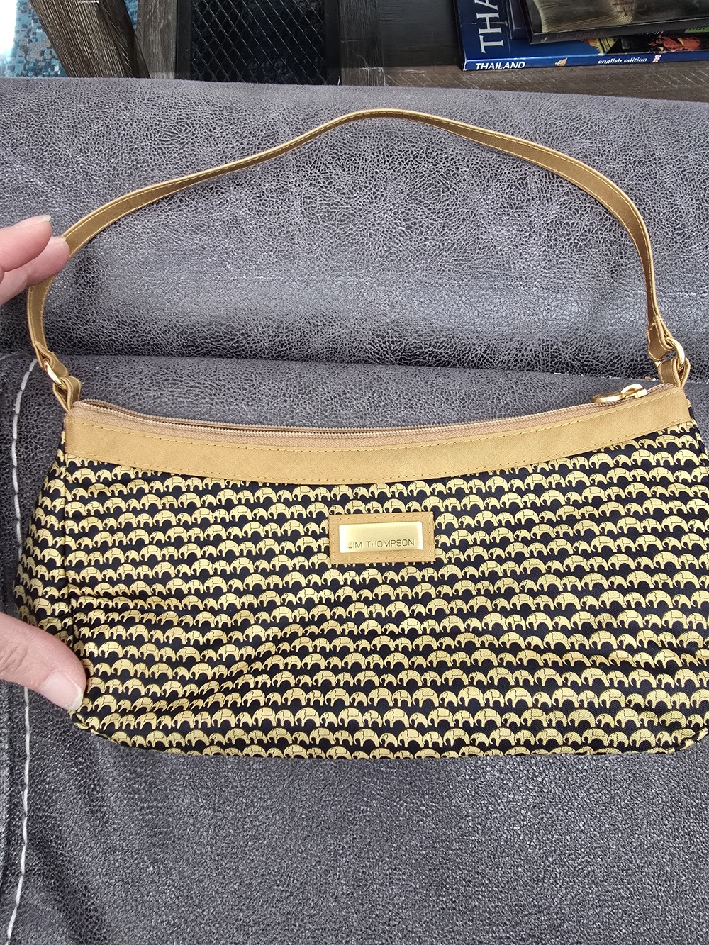 Jim Thompson Black and Yellow Elephant Patterned Thai Silk Shoulder Clutch